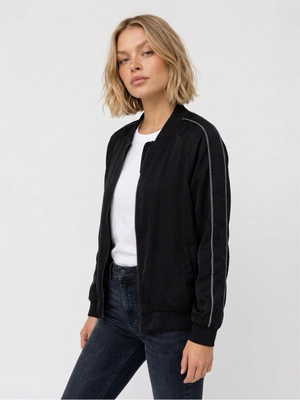 Michael Stars Black Bomber Jacket with Gray Stripe